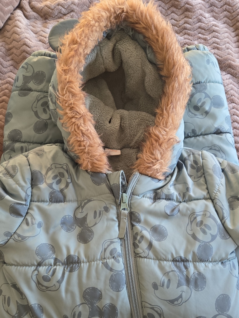 Disney Mickey Mouse Puffer Onesie with Faux Fur Hood Trim And Clip On Boots